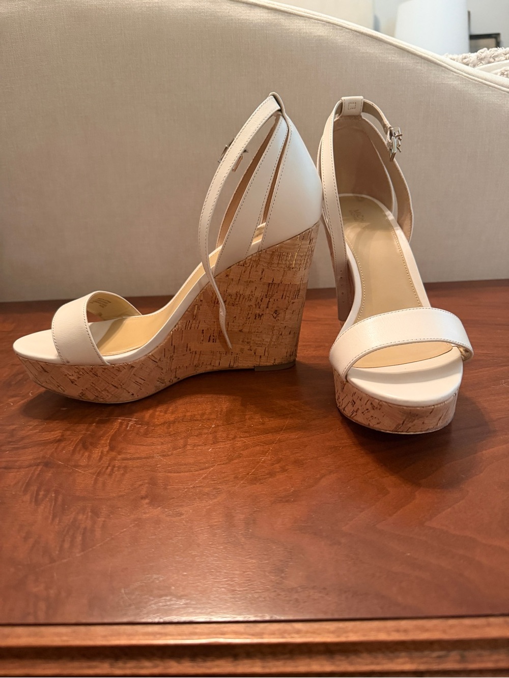 MICHAEL Michael Kors Cream Leather Cork Platform Wedge Sandals Size 9.5M